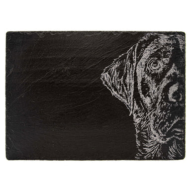 Slate cheese board with Labrador's face etched on to it.