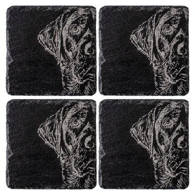 Four slate coasters with engraved Labrador's head on each