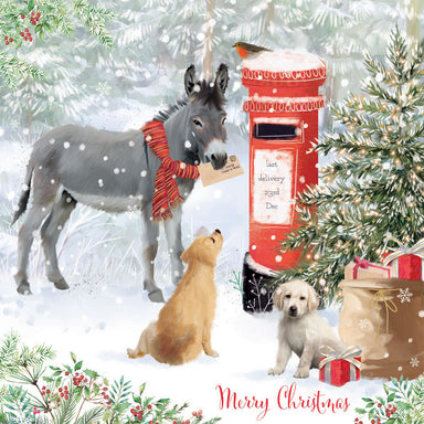 Two Labradors, a donkey and a robin send cards and gifts to their loved ones using a red postbox. A message reading 'Merry Christmas' is found at the bottom.