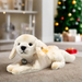 A close-up of Lenny Labrador Puppy soft toy. The background is in a living room with a Christmas tree in the background