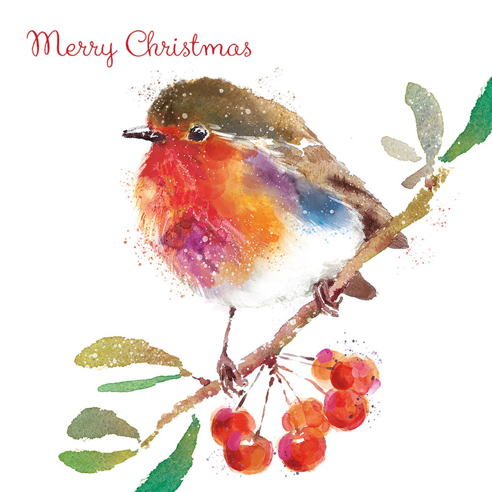 An illustration of a watercolour robin sat on a branch with berries underneath against a white background. The words ‘Merry Christmas’ appear above the robin, in the top left corner in red.