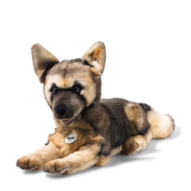 A close-up of the Mike German Shepherd soft toy.
