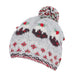 A light grey woolly bobble hat with Christmas pudding pattern and multicoloured bobble on top.