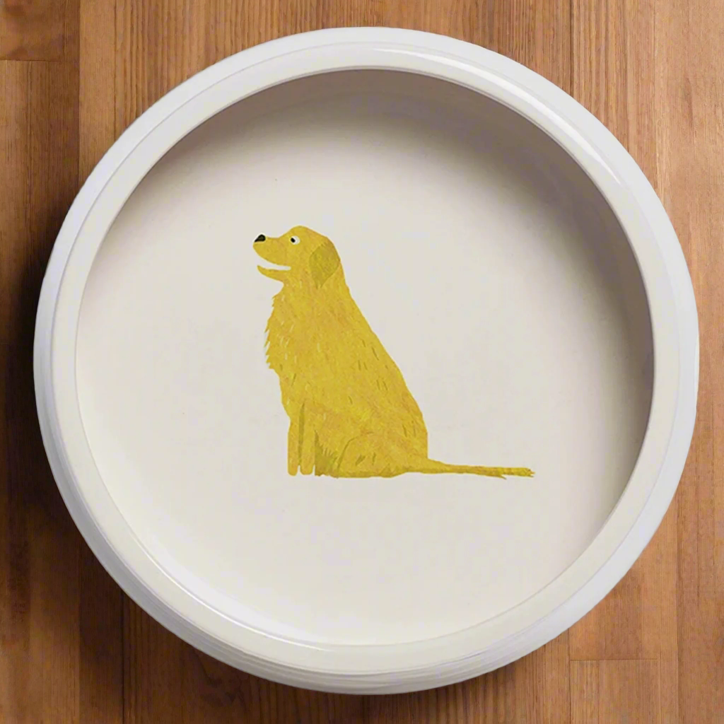 A white ceramic dog bowl decorated with an illustration of a Golden Retriever on the bottom of the bowl. The bowl is on a wooden floor.