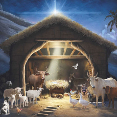 A manger is filled with farm animals and three dogs. Light shines down on the crib.