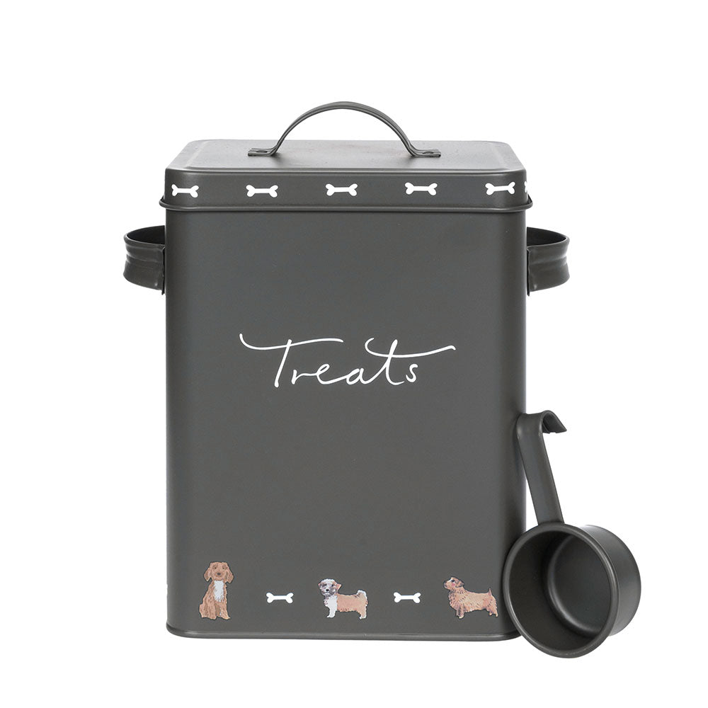 A rectangular grey tin with lid and scoop, with a design of illustrated dogs along the bottom and the word Treats in script.