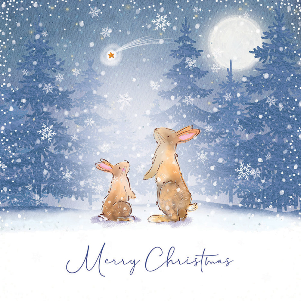 An illustrated Christmas card featuring two rabbits watching a shooting star. The background is a snowy forest with the words 'Merry Christmas' at the bottom.