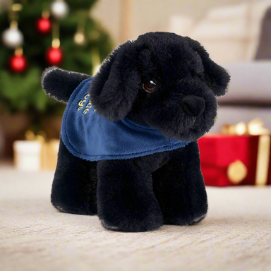 A small Black Labrador soft toy wearing a blue Guide Dogs coat.