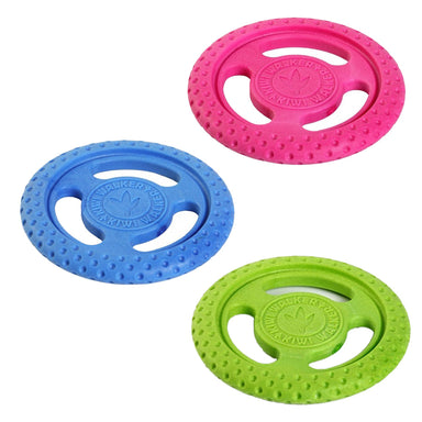 Three bright mini frisbees. The one at the top is pink, the one in the middle is blue and the one at the bottom is lime green.
