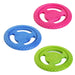Three bright mini frisbees. The one at the top is pink, the one in the middle is blue and the one at the bottom is lime green.