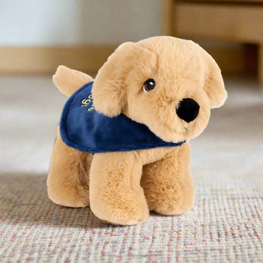 A small golden retriever soft toy wearing a blue Guide Dogs coat.