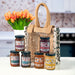 An image of a jute bag with chutney and preserves stacked on a kitchen table.