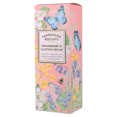 A pink box that features illustrations of flowers, butterflies and bees. The box contains strawberry and clotted cream farmhouse biscuits.