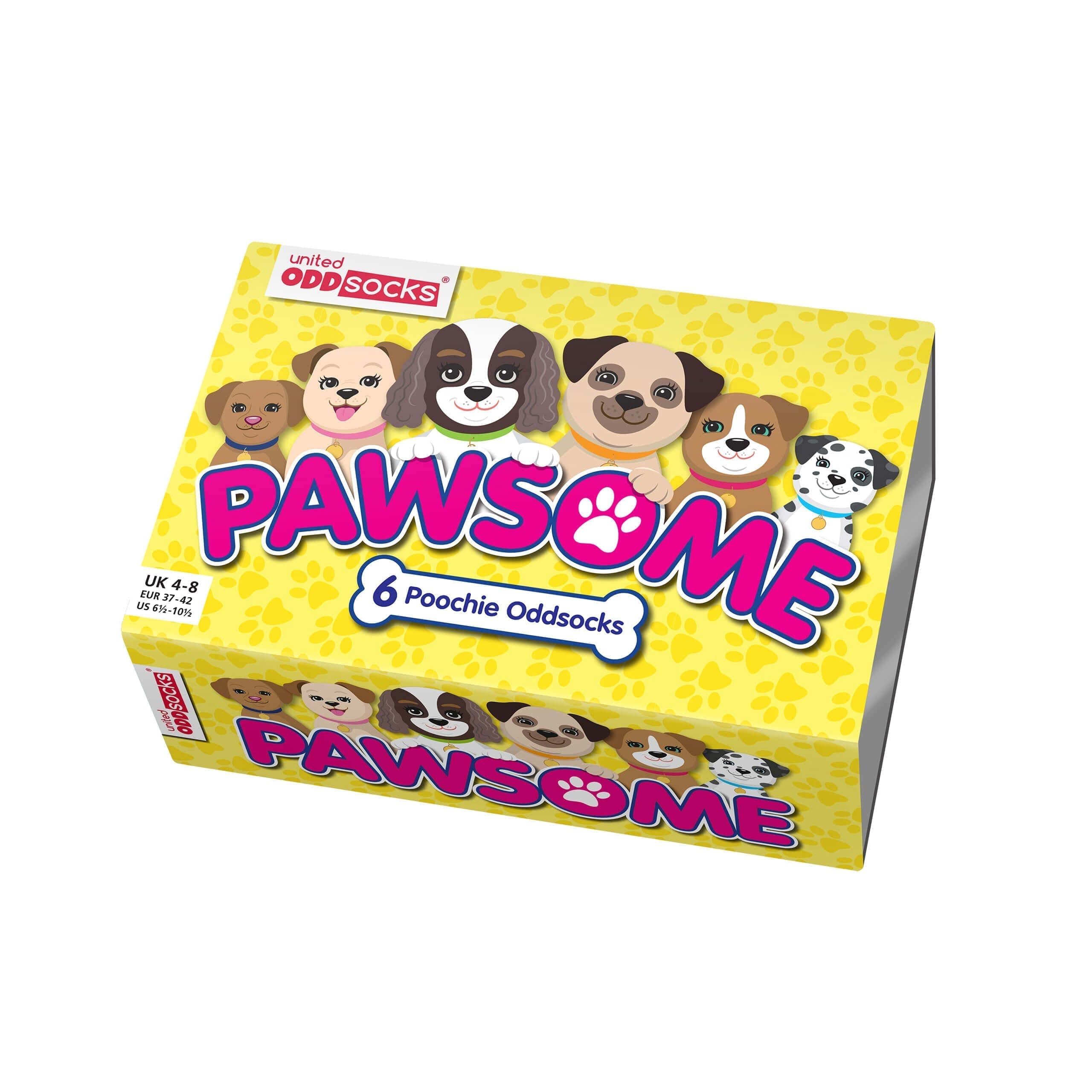 A yellow box with dog illustrations and the words Pawsome 6 Poochie Odd Socks