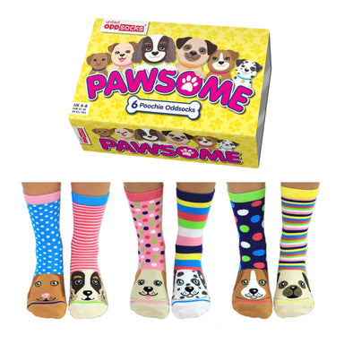 A box is decorated with illustrations of six dogs and reads "Pawsome". Underneath are pictures of three pairs of feet, all with different sock designs on. 