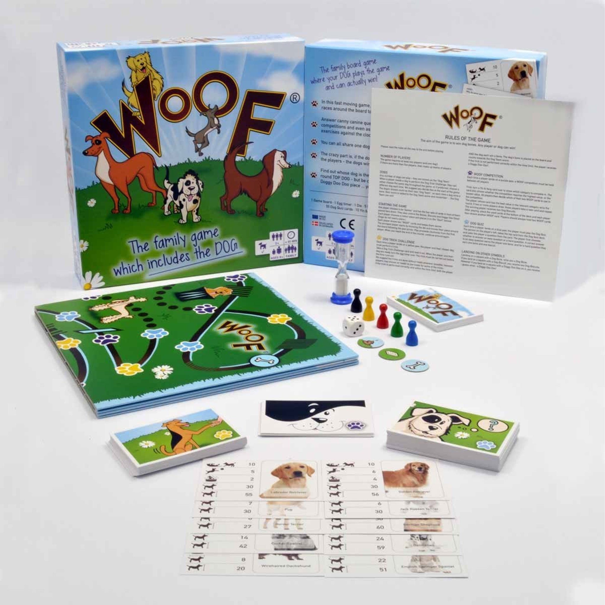 A full image of all the components featured in the Woof board game.