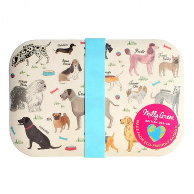 A lunchbox decorated with illustrations of different types of dog with their names written above each illustration. The lid is held on using a blue fastener.