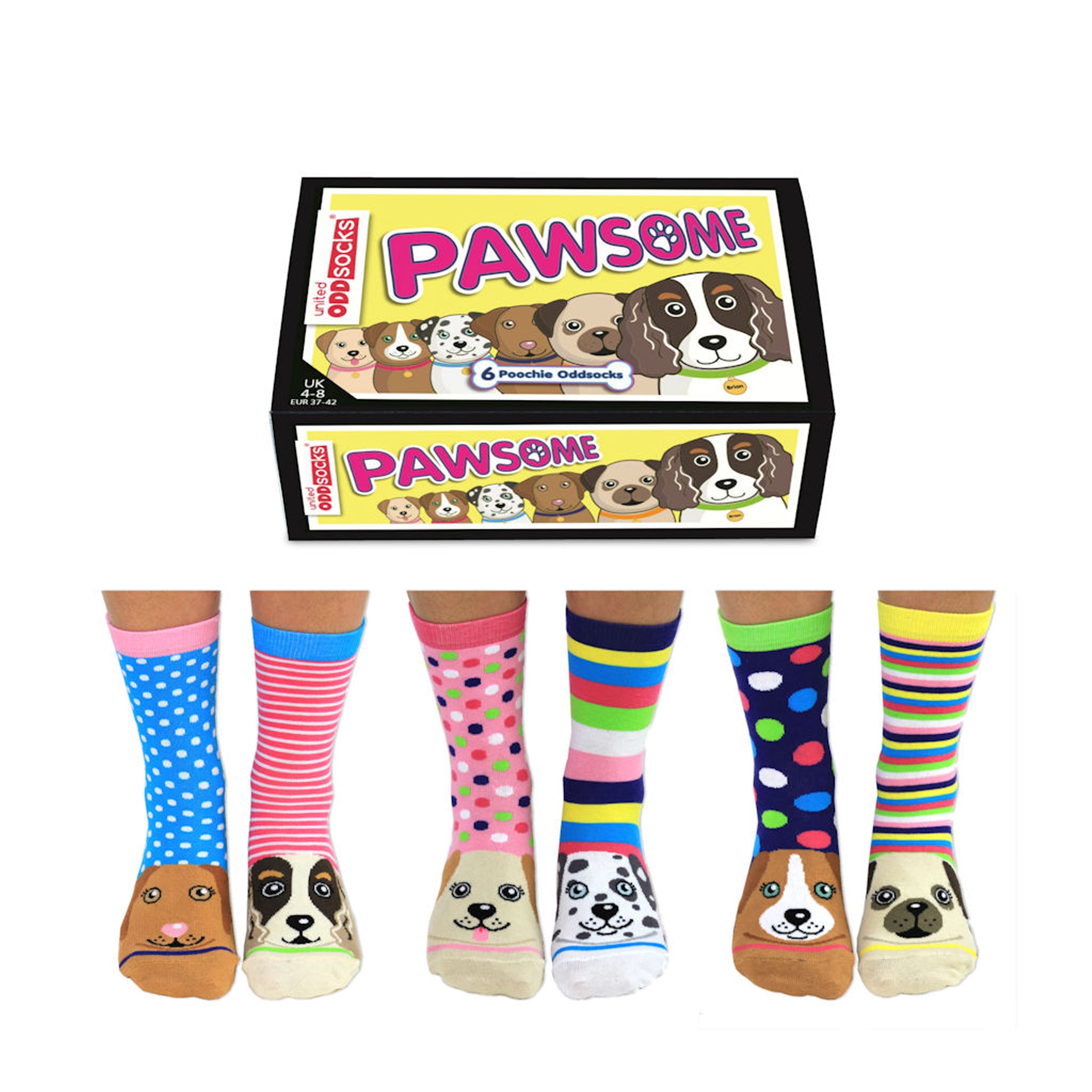 A box is decorated with illustrations of six dogs and reads "Pawsome". Underneath are pictures of three pairs of feet, all with different sock designs on. 