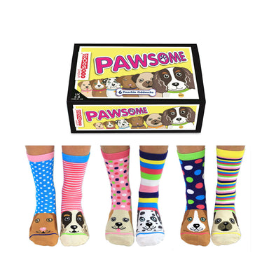 A box is decorated with illustrations of six dogs and reads "Pawsome". Underneath are pictures of three pairs of feet, all with different sock designs on. 