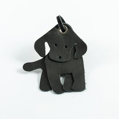 A black Labrador-shaped leather bookmark with loop