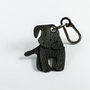 A black Labrador shaped leather keyring with metal key loop