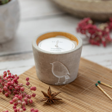 A grey candle with robin etching sits on a Christmas table next to matches and decorations