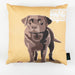 A cushion with illustrated chocolate Labrador on a yellow background, with the words 'Time for Walkies!' in the top corner