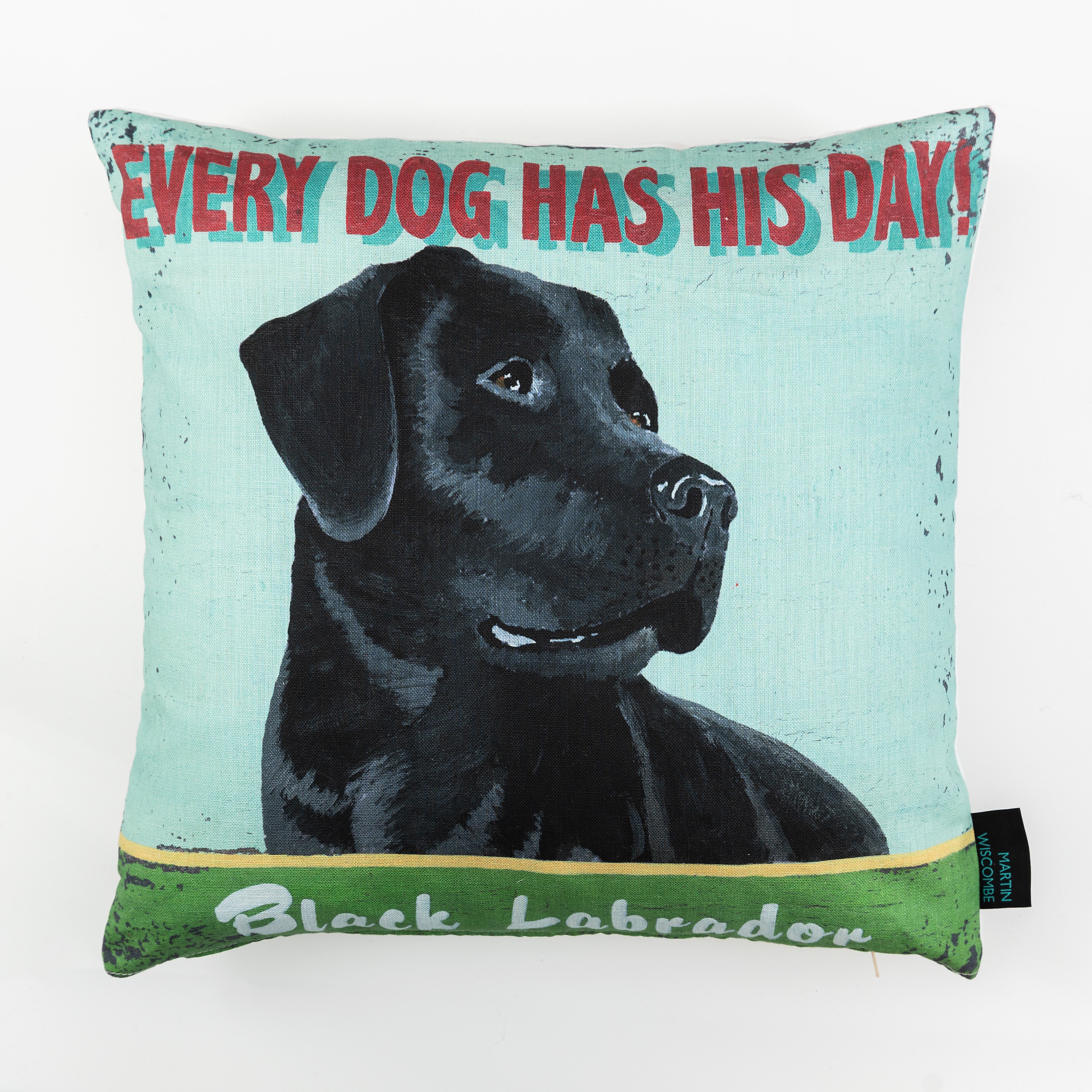 A cushion with illustrated black Labrador head and shoulders, the dog is facing to the right on a pale blue background. The words 'Every Dog Has His Day!' across the top.