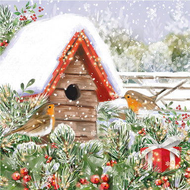 The design on this Christmas Card is an illustration of 2 robins on a snowy birdhouse in a garden.