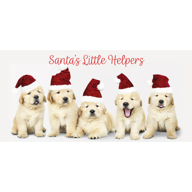 This Christmas card design is a group of yellow Labrador puppies wearing Santa hats, Test on the card reads "Santa's little helpers"