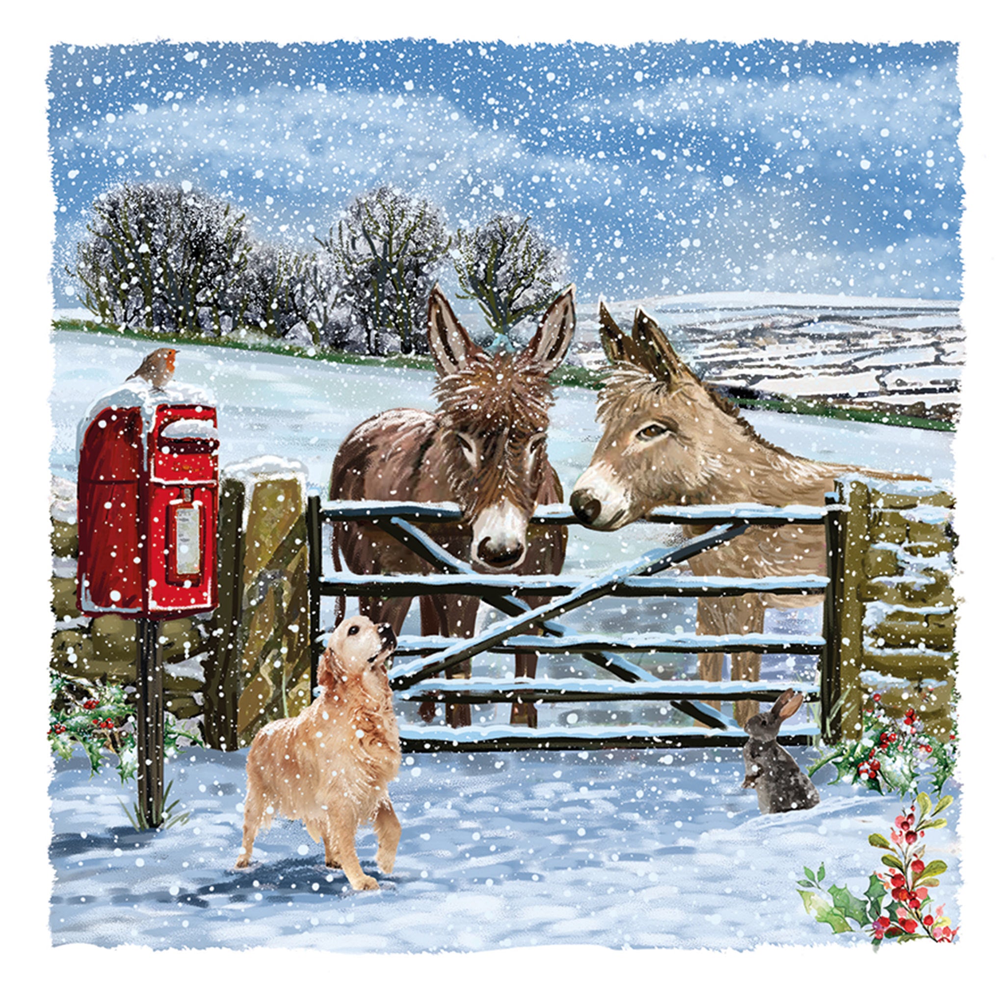 The design on this Christmas card is an illustration of a Golden Retriever and 2 donkeys, meeting at a gate in a snowy field.