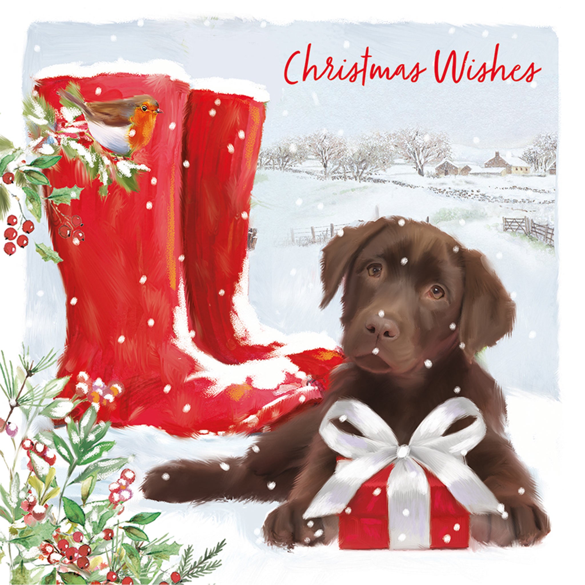 The design on this Christmas card is an illustration of a Chocolate Labrador puppy and wrapped gift beside a pair of and red wellington boots. Text on the card reads "Christmas Wishes".