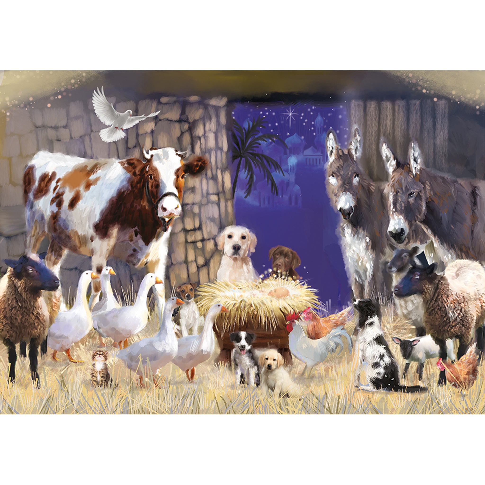 The design on this Christmas card is a collage image of dogs and animals gathered around a manger in a stable.