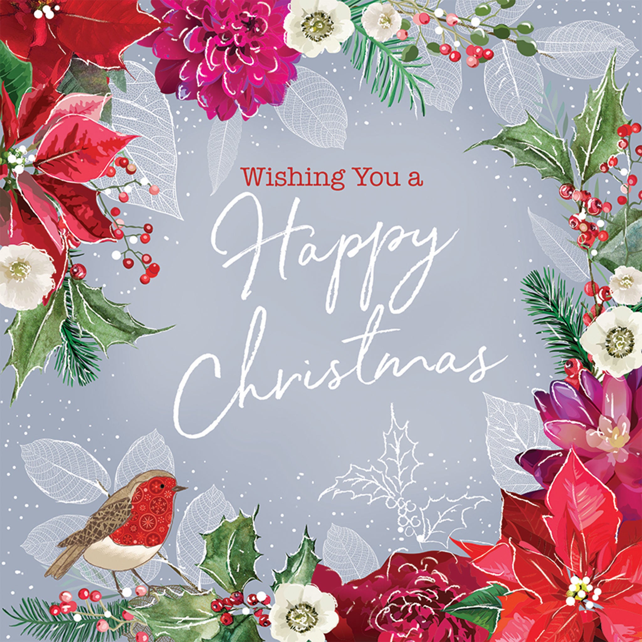 The design on this Christmas card is the message "Wishing You a Happy Christmas" surrounded by a border of winter flowers.