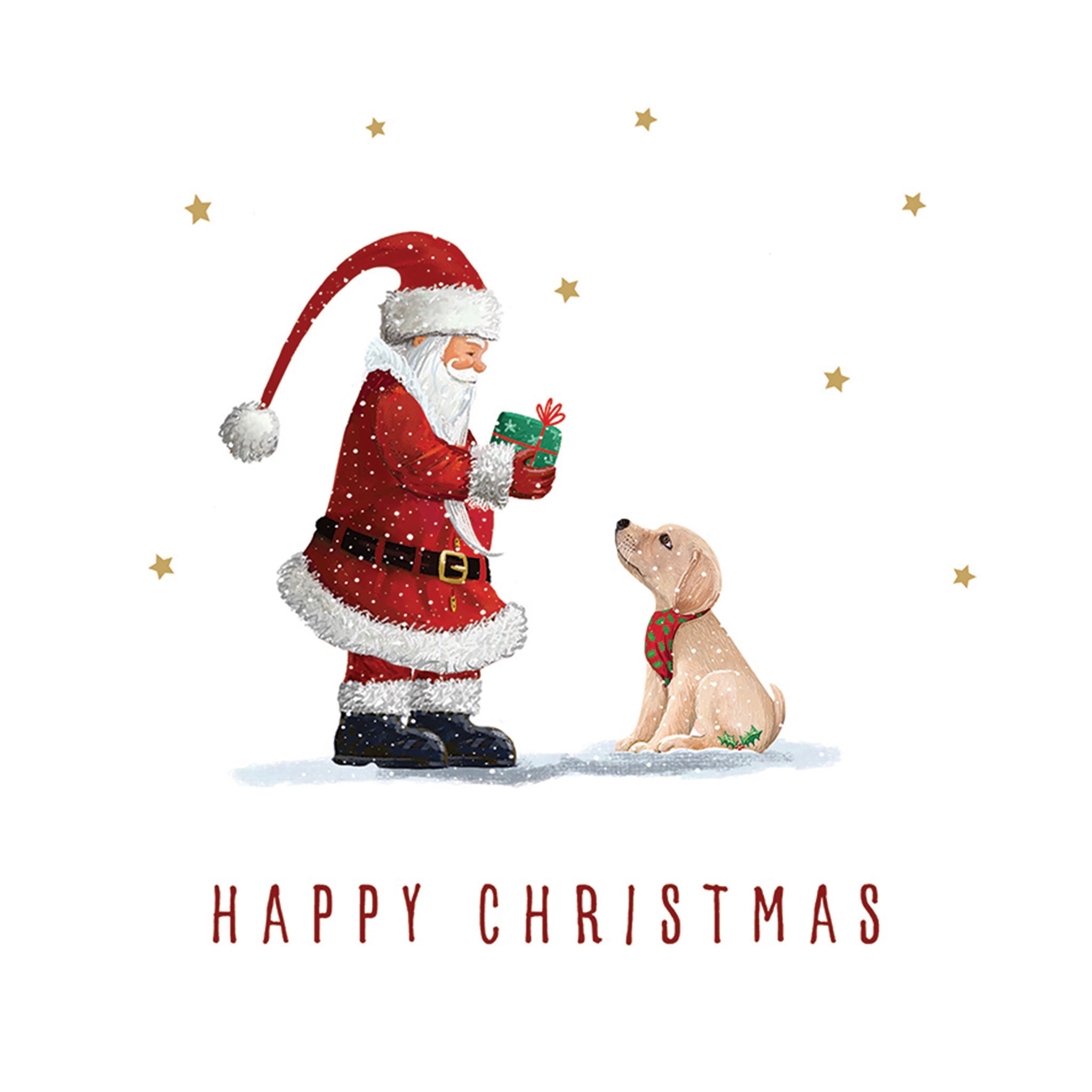 The design on this Christmas is an illustration of Father Christmas giving a present a yellow Labrador puppy. Text on the card reads "Happy Christmas"
