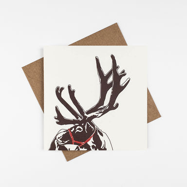 The design is of the top half of reindeer in brown on a white background.
