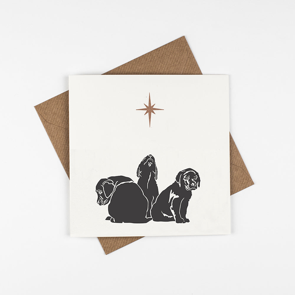The design is of three black Labrador puppies with the middle puppy looking upwards to a golden star, on a white background.