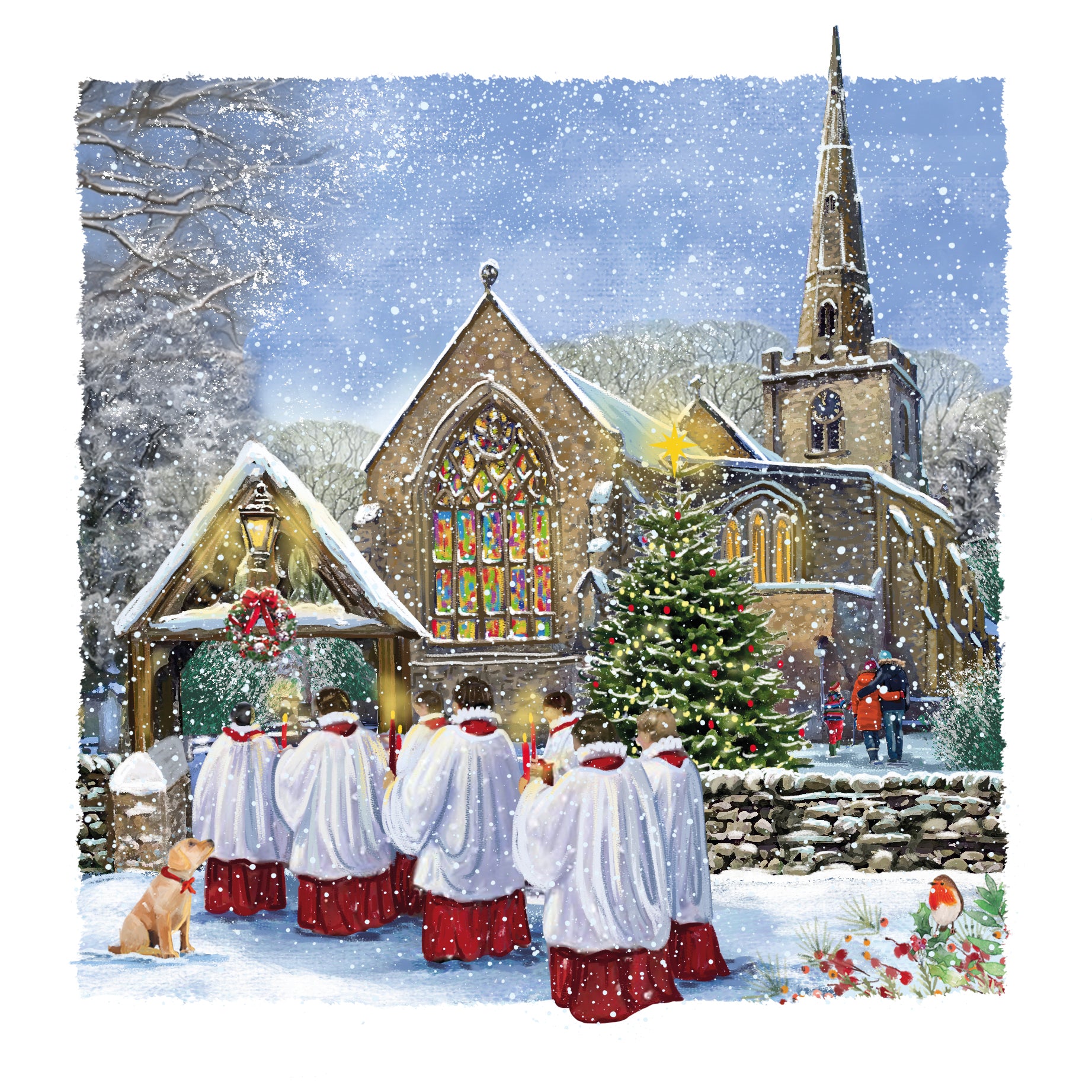 The design on this Christmas Card is a snowy scene outside a church with choir singers walking in pairs towards the church and a yellow labrador is sat watching them.