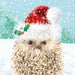 The design on this christmas card is an illustration of a hedgehog in the snow wearing a Christmas hat.