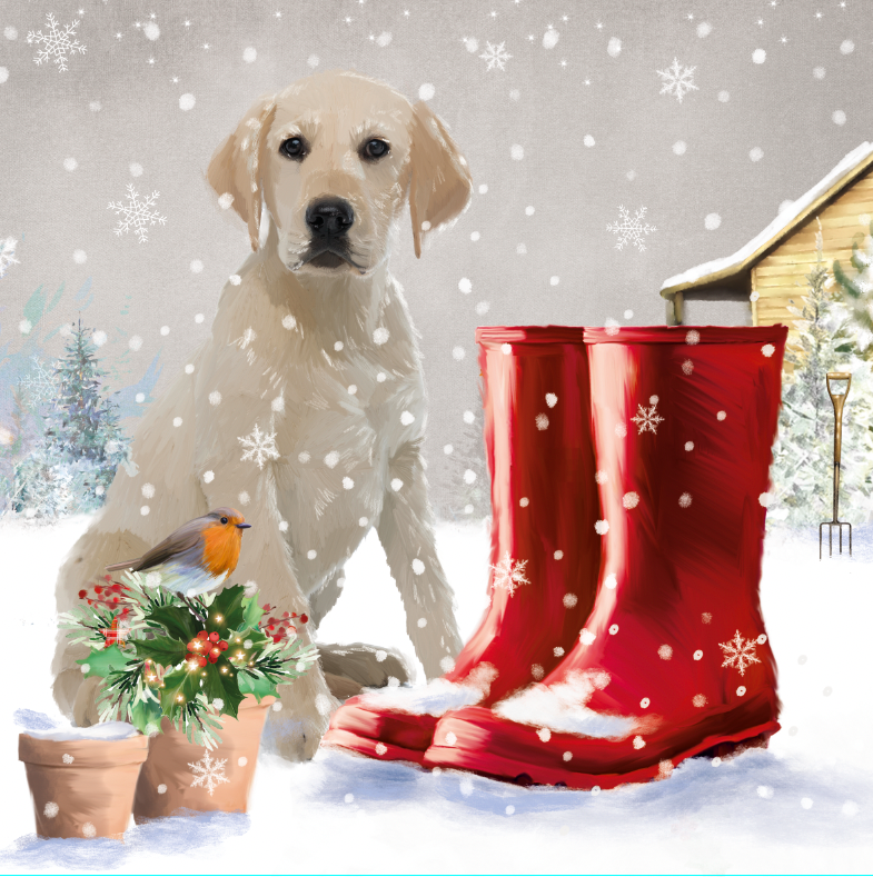The design on this christmas card is an illustration of a yellow labrador next to a pair of red wellies and gardening tools.