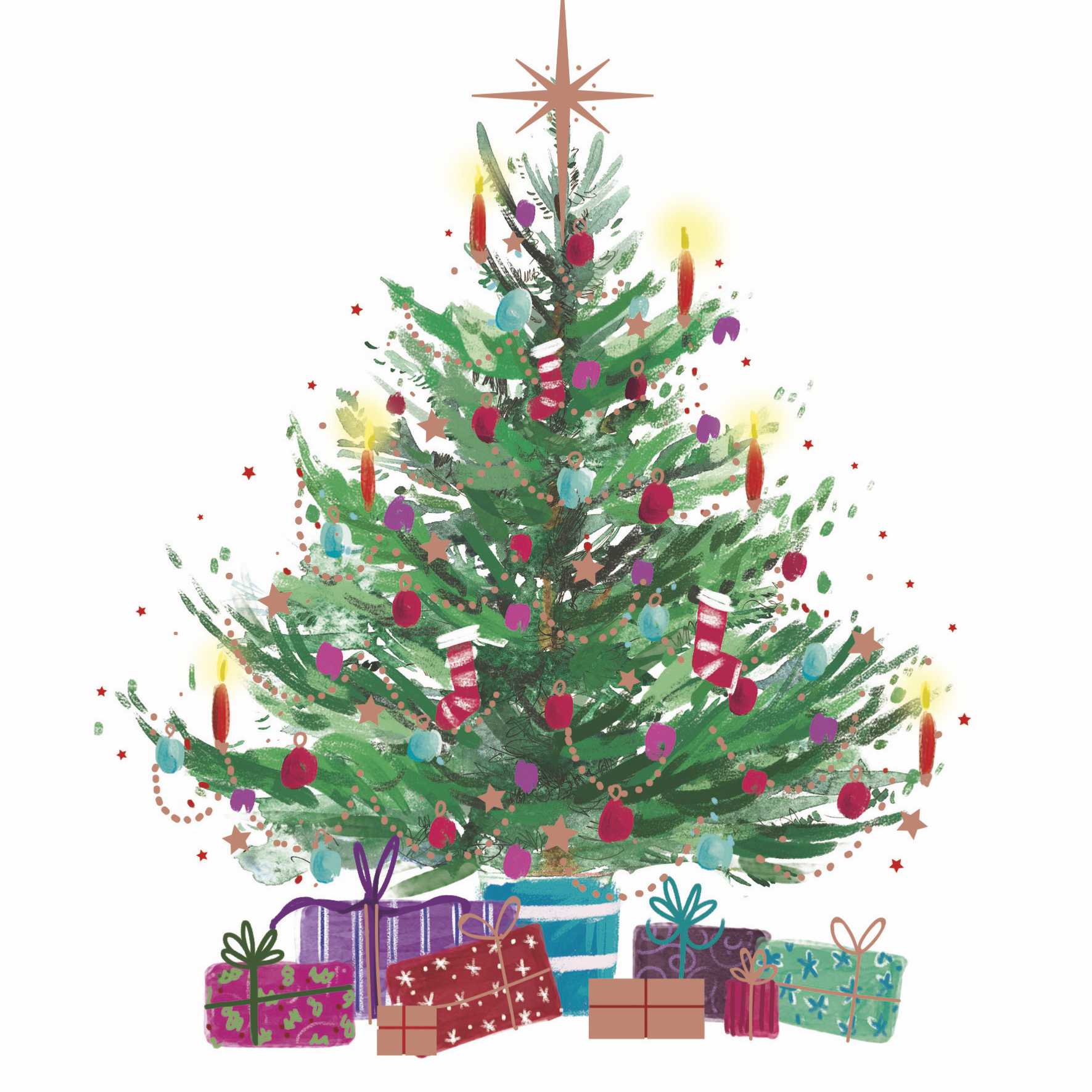 The design shows an colourful illustrated Christmas tree and presents on a white background.