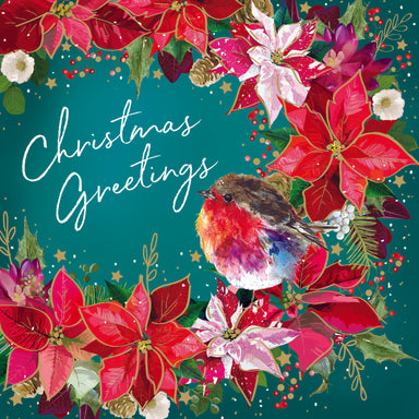 The design shows an illustrated robin on a wreath, with the words "Christmas Greetings" on a green background.