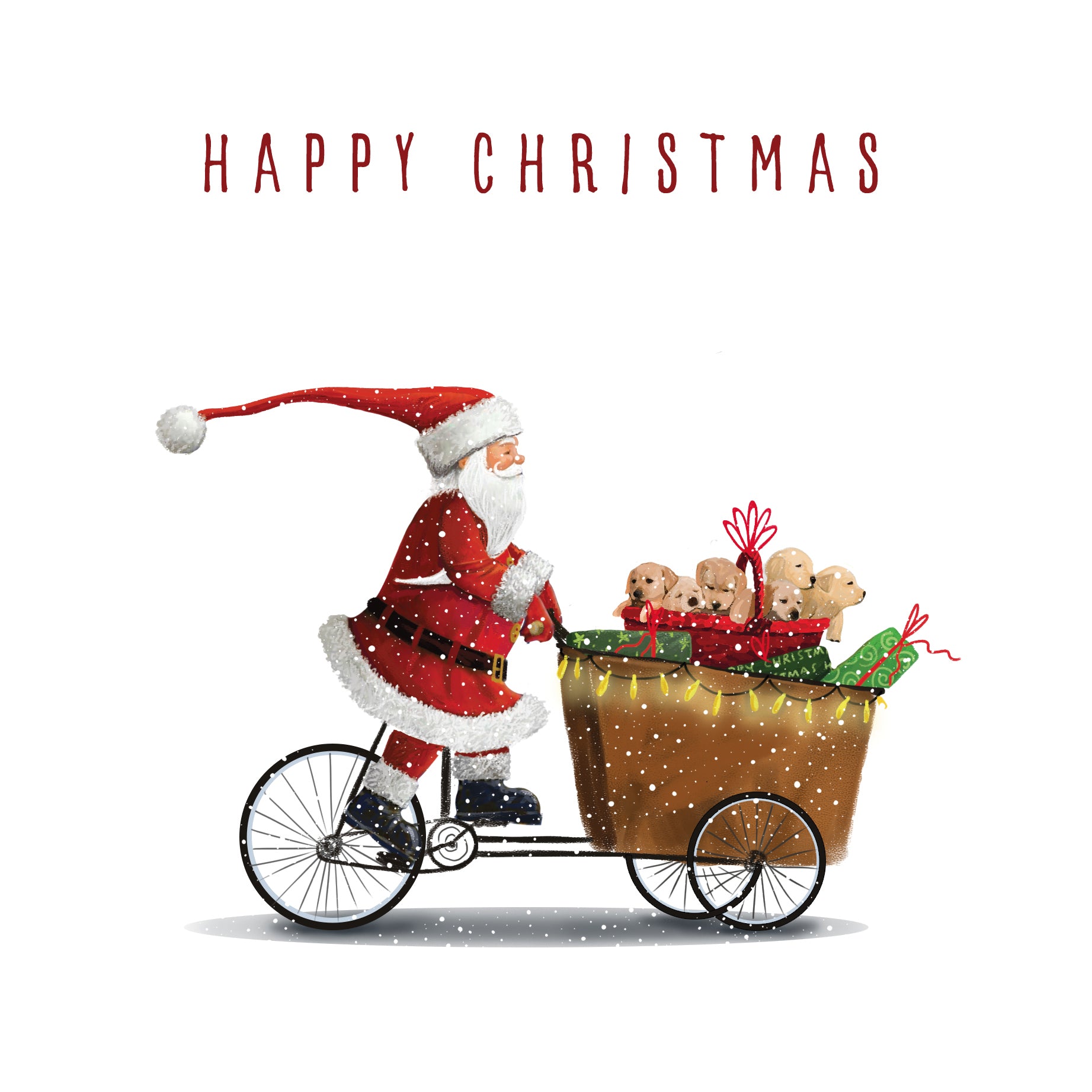 The design is a cartoon of Santa riding a bicycle pushing a cart filled with presents and puppies. The card reads "Happy Christmas."