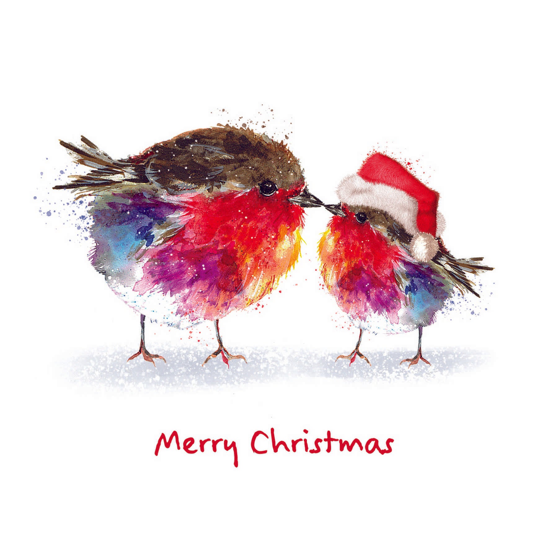 The design is illustrated and shows a "Mum" robin with her baby robin, which is wearing a Christmas hat. The words Merry Christmas are written in red at the bottom of the card. White background.