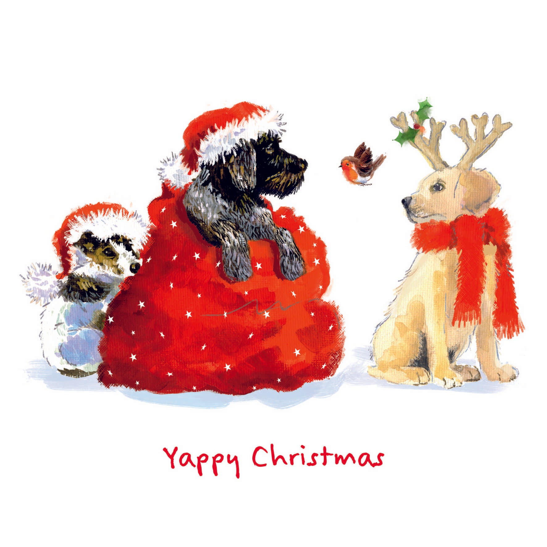 An illustrated design of three dogs and a robin in festive attire. One black puppy is poking out of a red sack. Red text at the bottom saying "Yappy Christmas" on a white background.