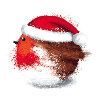 The design is illustrated and shows a round robin in a Christmas hat on a white background.