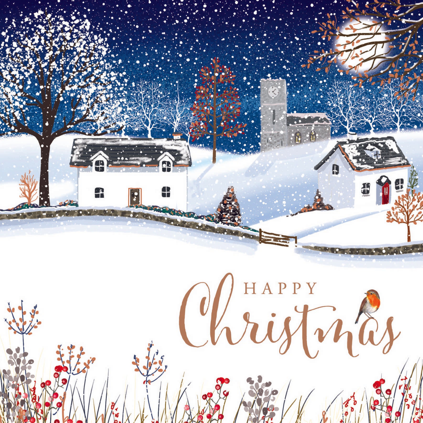 The design is illustrated and shows two houses and a church in a snowy countryside setting. In the bottom corner “Happy Christmas” is written in golden text with a robin perched on top. 
