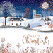 The design is illustrated and shows two houses and a church in a snowy countryside setting. In the bottom corner “Happy Christmas” is written in golden text with a robin perched on top. 