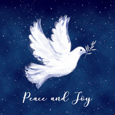 The design is illustrated and shows a white dove carrying an olive leaf on a dark blue background. “Peace and Joy” is written in white text at the bottom of the card. 