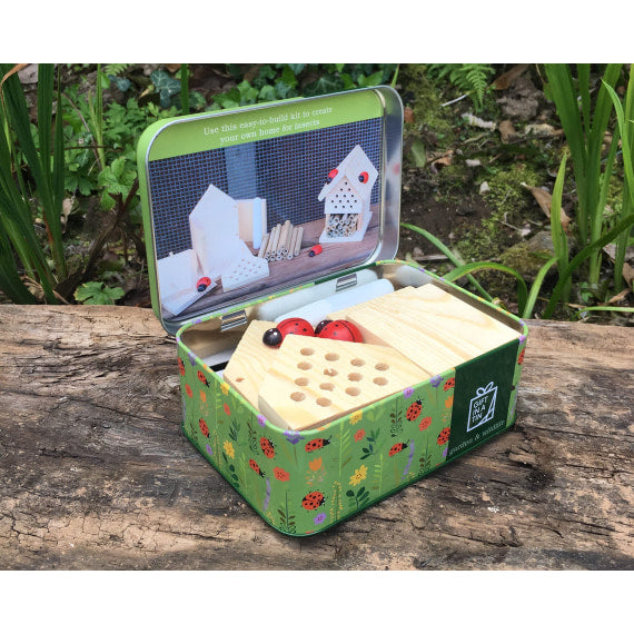 A green gift tin with an open lid showing the pieces inside to make your own wooden insect house.